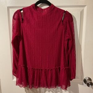 Ro & De Long Sleeve Cold Shoulder Lace Knit Burgundy Blouse